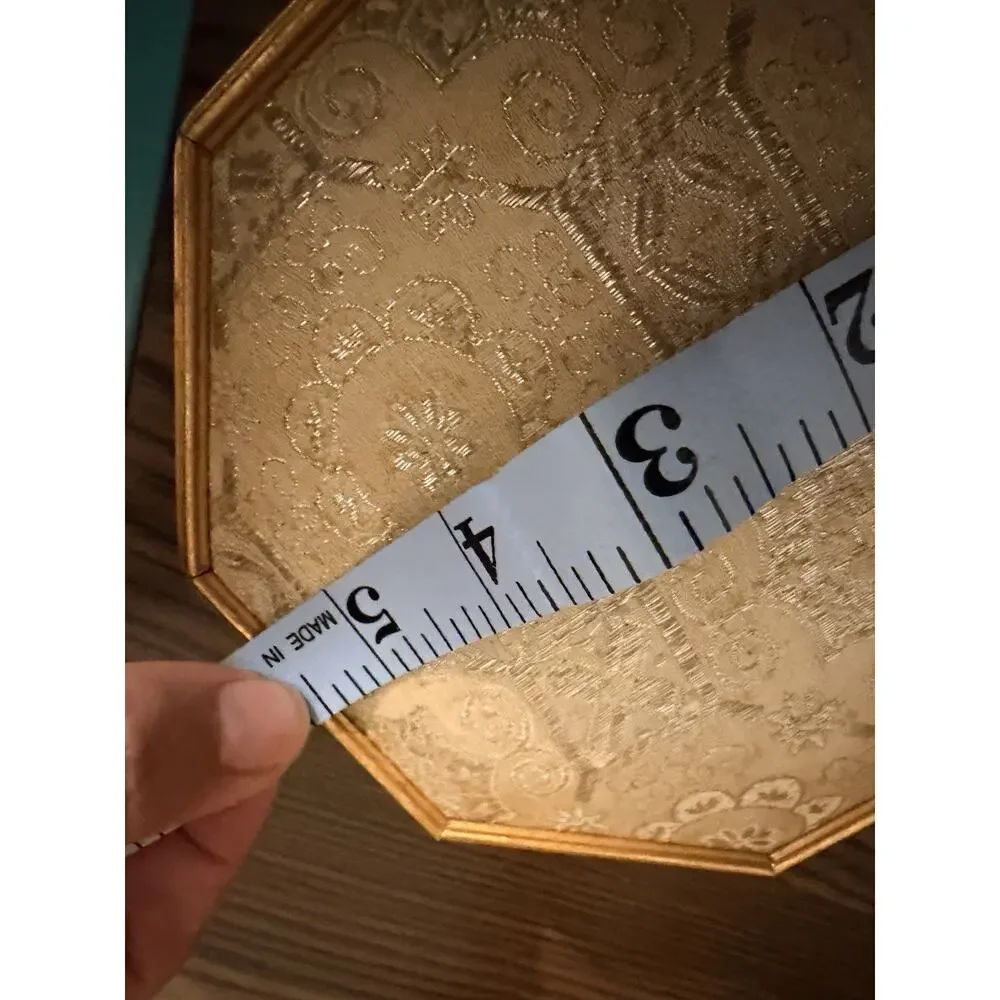 Vintage MCM Octagon Mirrored Brocade Jewelry Box - Gold Silver Threaded